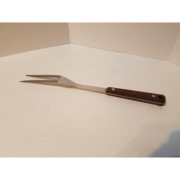Vintage Pyramid Stainless Steel 11 3/4" Meat Fork Red Brown Handle - Picture 4 of 7